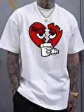 Unisex Kırık Kalp bardak Baskılı Oversize Tshirt