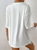 Beyaz Born to Reat Baskılı Oversize T-Shirt