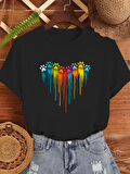 Unisex Sevimli Kedi Patili Kalp Tasarım Basklı Tshirt