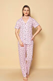 Dreamy Pamuklu Kalp Desenli Kısa Kollu Düğmeli Gömlek Pijama Takımı