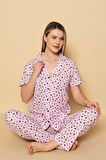 Dreamy Pamuklu Kalp Desenli Kısa Kollu Düğmeli Gömlek Pijama Takımı