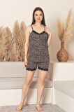 Dreamy Bambu Dantel Detaylı Leopar Desenli İp Askılı Şortlu Takım
