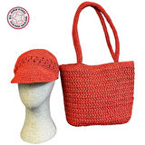 Uretti - Necla 1824 3565 El Yapımı Kağıt İp Şapka ve Omuz Çantası / Kırmızı