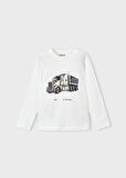 Kamyon Baskılı Krem Renk Bisiklet Yaka Uzun Kollu %100 Pamuk Erkek Çocuk Tişört | Mayoral 4-10 Yaş