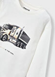 Kamyon Baskılı Krem Renk Bisiklet Yaka Uzun Kollu %100 Pamuk Erkek Çocuk Tişört | Mayoral 4-10 Yaş