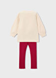 Mayoral 4-10 Yaş Kız Çocuk Bej Kedi Baskılı Şardonlu Sweat ve Kırmızı Kaşkorse Tayt Takım