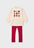 Mayoral 4-10 Yaş Kız Çocuk Bej Kedi Baskılı Şardonlu Sweat ve Kırmızı Kaşkorse Tayt Takım