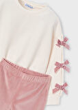 Mayoral 4-10 Yaş Kız Çocuk Krem Renk Şardonlu Fiyonk Detaylı Sweat ve Pembe Kadife Tayt 2’li Takım