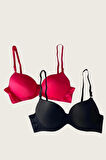 Bicomi Siyah-Kırmızı 2li Mikro Kumaş İçi Boş Balenli Günlük Desteksiz Sütyen