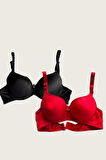 Bicomi Siyah-Kırmızı 2li Mikro Kumaş İçi Boş Balenli Günlük Desteksiz Sütyen
