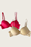 Bicomi Kırmızı-Ten 2li Mikro Kumaş İçi Boş Balenli Günlük Desteksiz Sütyen