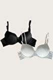 Bicomi Siyah-Beyaz 2li Mikro Kumaş Push Up Dolgulu Balenli Günlük Destekli Sütyen