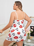 Bicomi Büyük Beden Kiss Me Öpücük Desen Pamuklu Şortlu Pijama Takımı