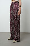 Kadın Bordo Renk Puantiye Desenli Bol Paça Beli Lastikli Pantolon