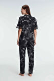 Bicomi Yarım Kollu V Yaka Kadın Viskon Çiçek Desenli Yazlık Dokuma Dantel Detaylı Pijama Takımı