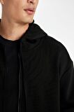 DeFacto Siyah Comfort Regular Fit Rahat Kalıp Kapüşonlu Kalın İçi Yumuşak Tüylü Fermuarlı Sweatshirt D2323AX24AUBK81