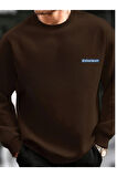 Erkek Kahverengi Oversize Celloheart Baskılı Bisiklet  Yaka Sweatshirt