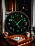 Fosforlu Gece Karanlıkta Parlayan Metal Çerçeveli Siyah Duvar Saati Çap 30 cm