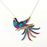 925 Ayar Gümüş Renkli Zirkon Taş Büyük Zümrüdü Anka Kuşu Kolye