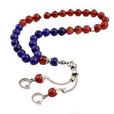 Çift Ayyıldız Püsküllü Kırmızı Akik ve Lacivert Ceyt Taşı Tesbih