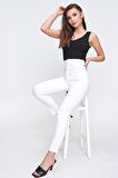 Yüksek Bel Dar Paça En Boy Likra Pantolon Beyaz