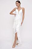 İp Askılı Kat Kat Volanlı Astarlı Şifon Uzun Elbise Ekru
