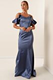 İp Askılı Düşük Kollu Arkası Bağcıklı Astarlı Uzun Saten Elbise İNDİGO