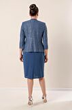 Yaka Taşlı Astarlı Krep Uzun Elbise Pulpayet Ceket Büyük Beden İkili Takım İNDİGO