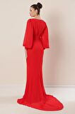 Kruvaze Yaka Önü Büzgülü Astarlı Uzun Şifon Elbise Kırmızı