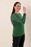 Kol Detaylı Büyük Beden Akrilik Kazak Yeşil