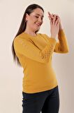 Kol Detaylı Büyük Beden Akrilik Kazak Hardal