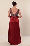 Üstü Tül Taş Detaylı Astarlı Büyük Beden Uzun Saten Elbise Bordo
