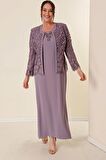 Boncuk İşlemeli Güpürlü Astarlı Elbise Ceket Büyük Beden 2'li Takım Lila