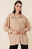 Polo Yaka Tek Cepli Oversize Ayrobin Gömlek Bej