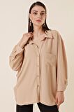 Polo Yaka Tek Cepli Oversize Ayrobin Gömlek Bej