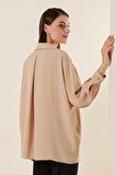 Polo Yaka Tek Cepli Oversize Ayrobin Gömlek Bej