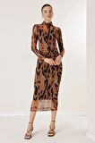 Leopar Desenli Önü Büzgülü Astarlı Tül Elbise