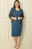 Yaka Taşlı Astarlı Krep Elbise Pulpayet Ceket Büyük Beden İkili Takım