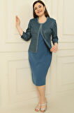 Yaka Taşlı Astarlı Krep Elbise Pulpayet Ceket Büyük Beden İkili Takım