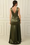 Ön Arka V Yaka Yanı Mendilli Yırtmaçlı Uzun Saten Abiye Elbise