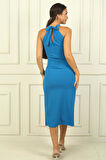 Kadın Halter Yaka Pens Detaylı Uzun Krep Elbise