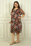 Kadın Yuvarlak Yaka Kısa Kollu Astarlı Çift Katlı Çiçekli Büyük Beden Şifon Elbise