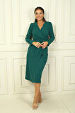 Kadın Kruvaze Yaka Kollu Beli Kuşaklı Astarlı Krep Elbise