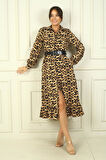 Kadın Gömlek Yaka Uzun Kol Önü Düğmeli Leopar Desenli Kemerli Elbise