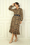 Kadın Gömlek Yaka Uzun Kol Önü Düğmeli Leopar Desenli Kemerli Elbise