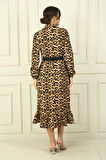 Kadın Gömlek Yaka Uzun Kol Önü Düğmeli Leopar Desenli Kemerli Elbise