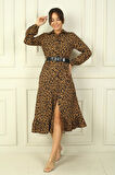 Kadın Gömlek Yaka Uzun Kol Önü Düğmeli Leopar Desenli Kemerli Elbise