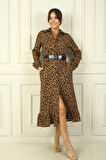 Kadın Gömlek Yaka Uzun Kol Önü Düğmeli Leopar Desenli Kemerli Elbise