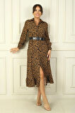 Kadın Gömlek Yaka Uzun Kol Önü Düğmeli Leopar Desenli Kemerli Elbise