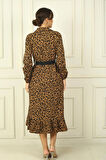 Kadın Gömlek Yaka Uzun Kol Önü Düğmeli Leopar Desenli Kemerli Elbise